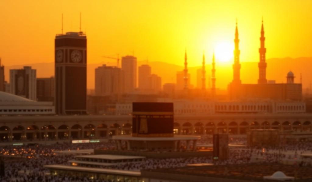 مشهد غروب الشمس في مكة المكرمة مع الكعبة وبرج الساعة — رمز للحج والعمرة والاتصال الذكي